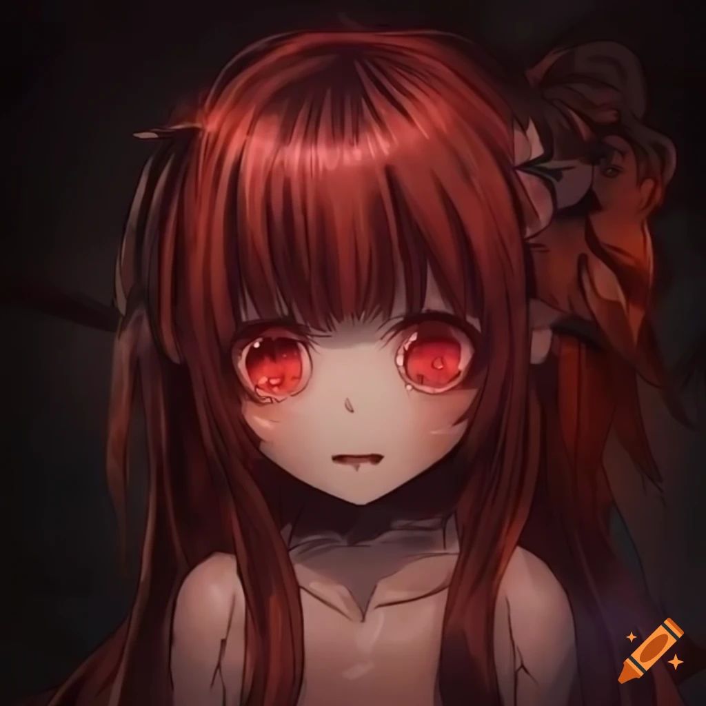 Portrait of Satania with red eyes in a haunted setting