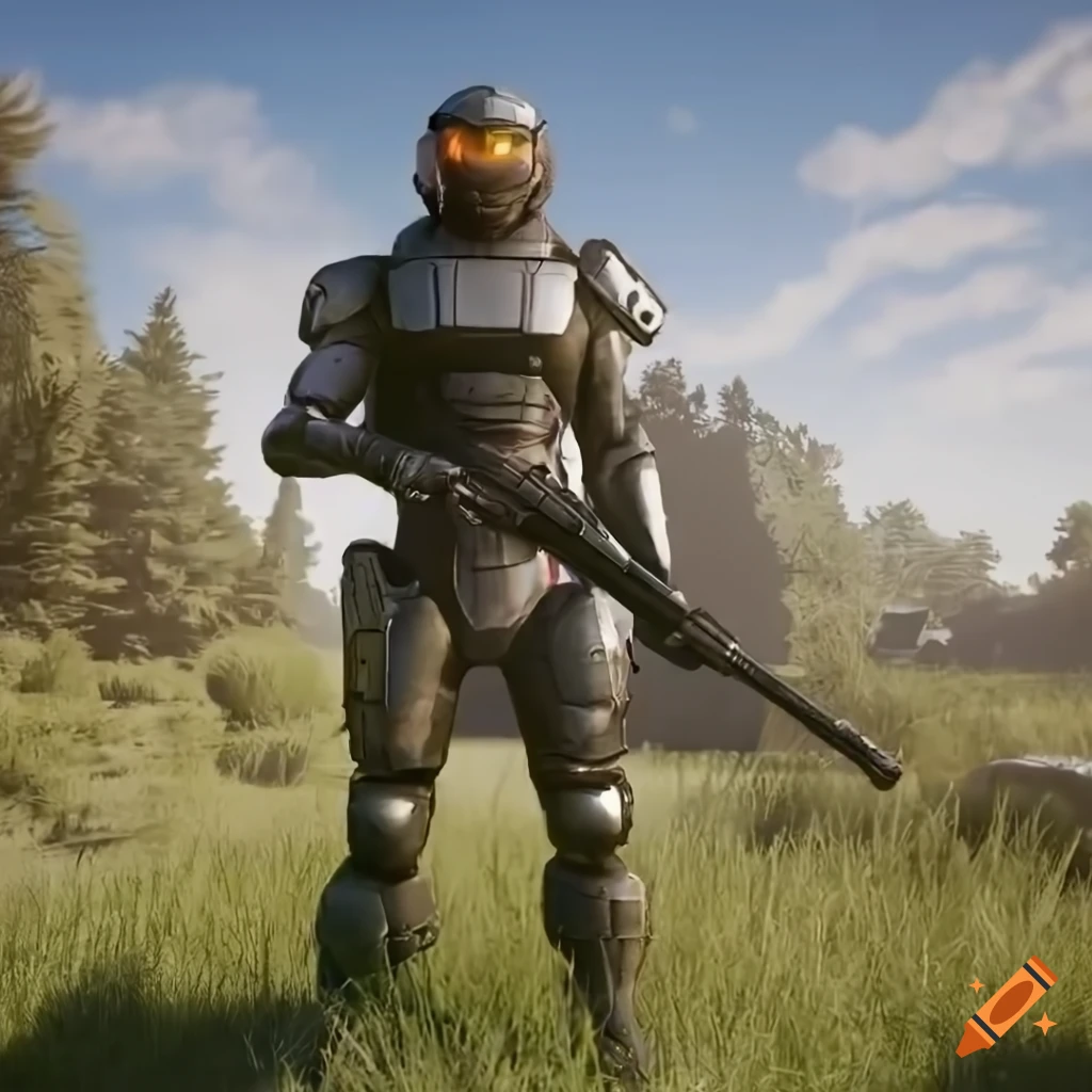 American sci-fi soldier with sci-fi weapon and armor, standing on grass next to a tank and the US flag under a blue sky