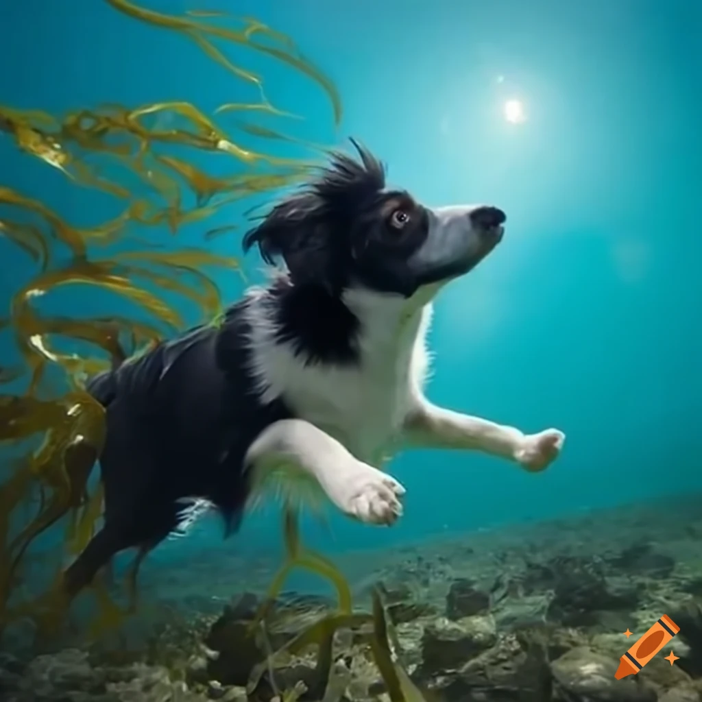 Border collie swimming underwater near seaweed to investigate a fish on ...