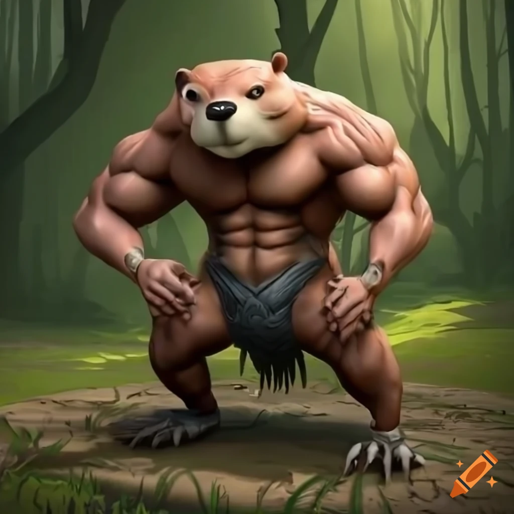 Muscular beaver character in a mystical forest landscape on Craiyon