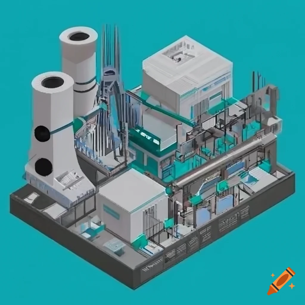 Isometric view of a large industrial invention center with pipes and buildings
