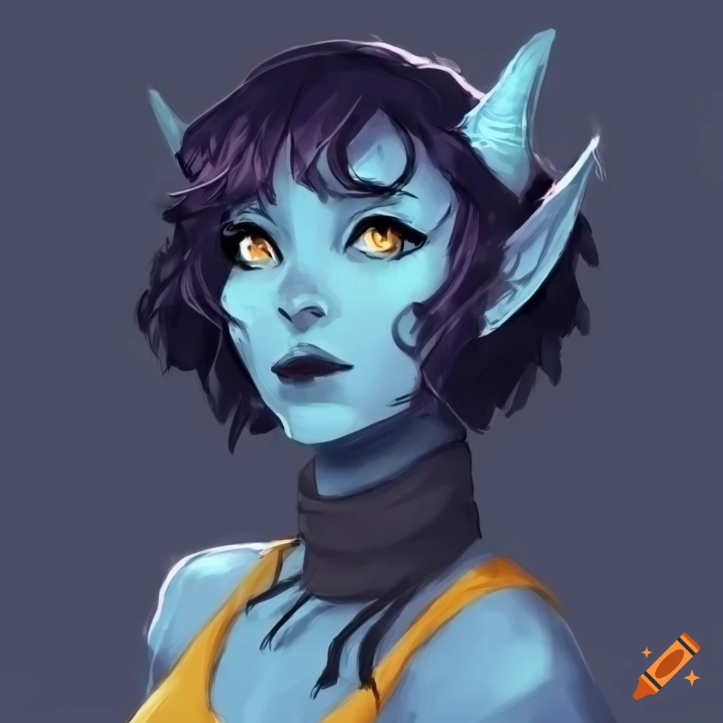 Light-blue skinned tiefling with a paintbrush on Craiyon