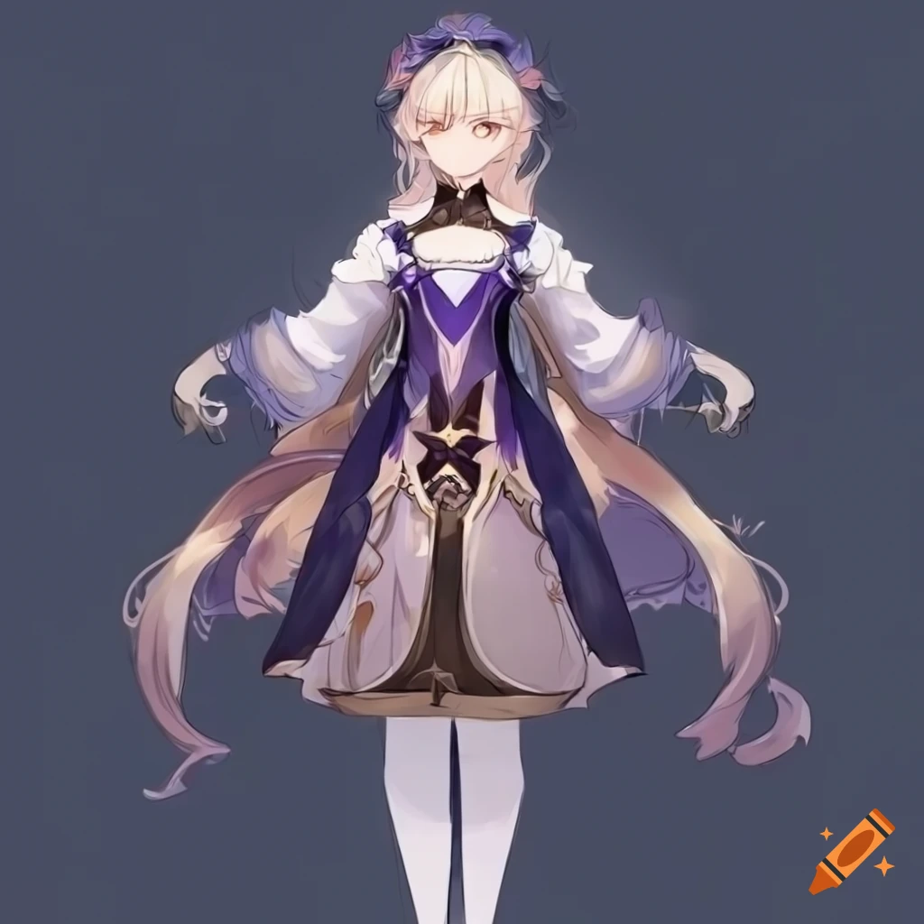 Character design sheet of elegant Victorian-themed outfit for Genshin Impact woman