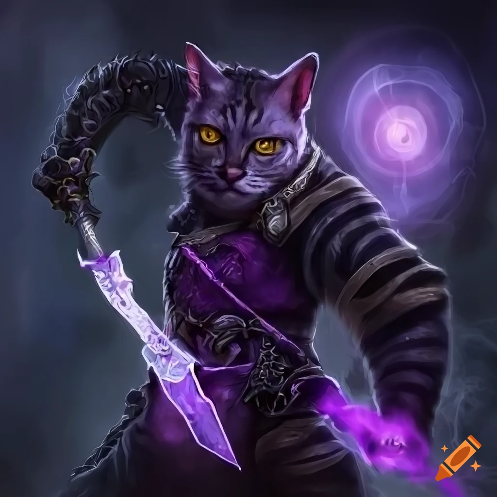 Male dark catfolk rogue with purple energy dagger in dark fantasy setting
