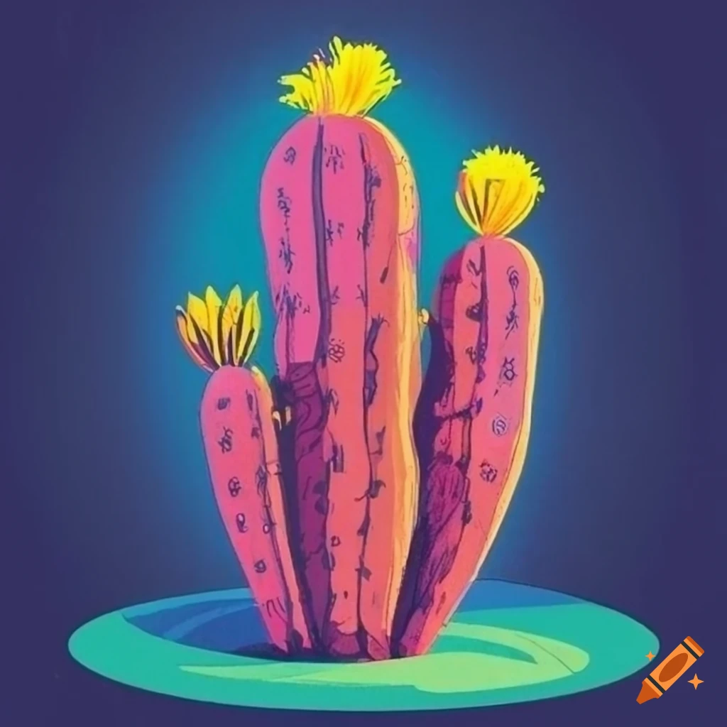 1970s futuristic vector graphic of a cactus in screen print style