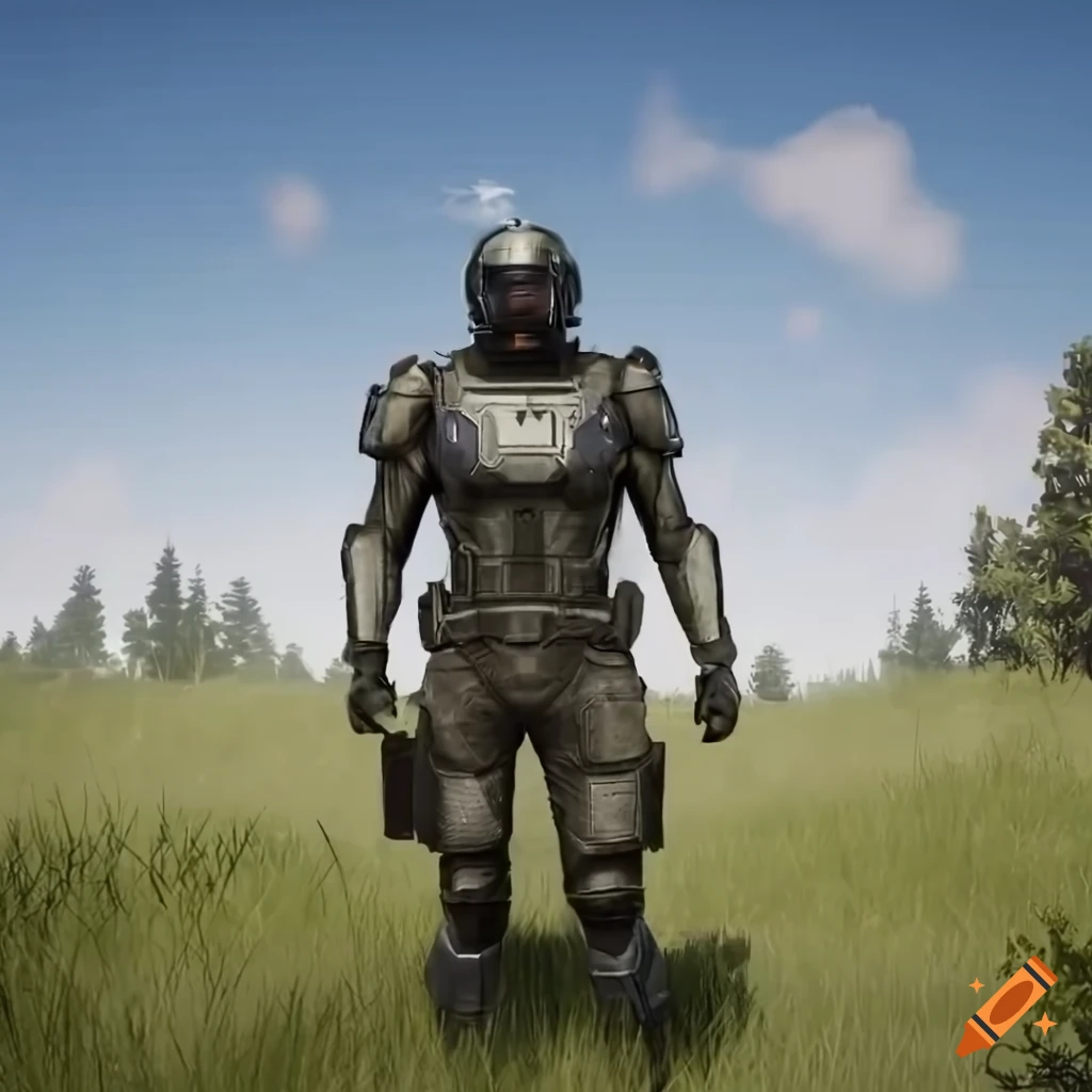 American sci-fi soldier with weapon and armor on grass with helicopter, US flag, and blue sky
