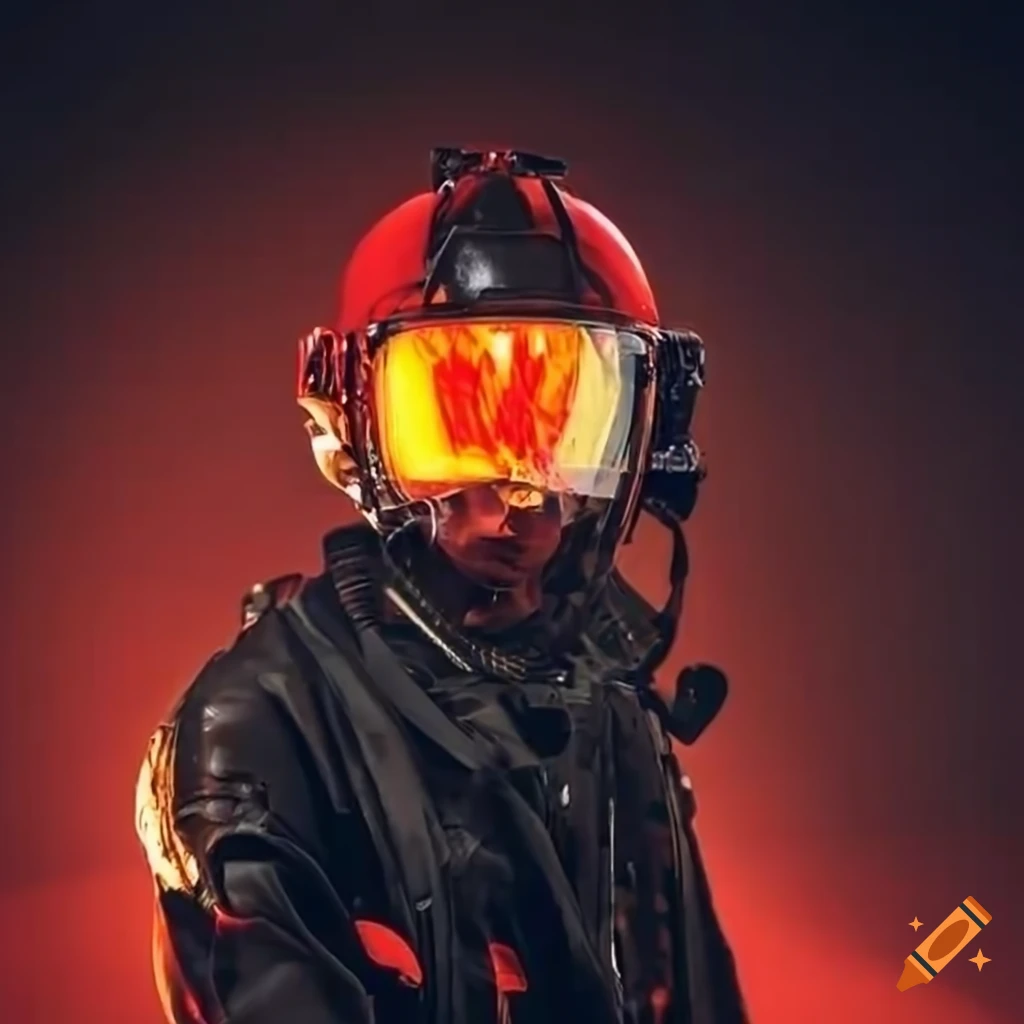 Helicopter pilot in black flight suit and red helmet with fire reflection