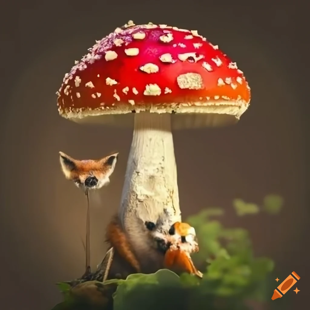 Fly agaric mushroom and fox in the forest on Craiyon