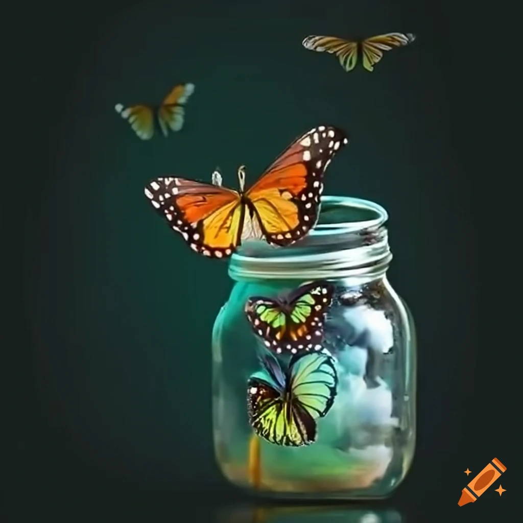 Butterflies flying out of mason jar on Craiyon