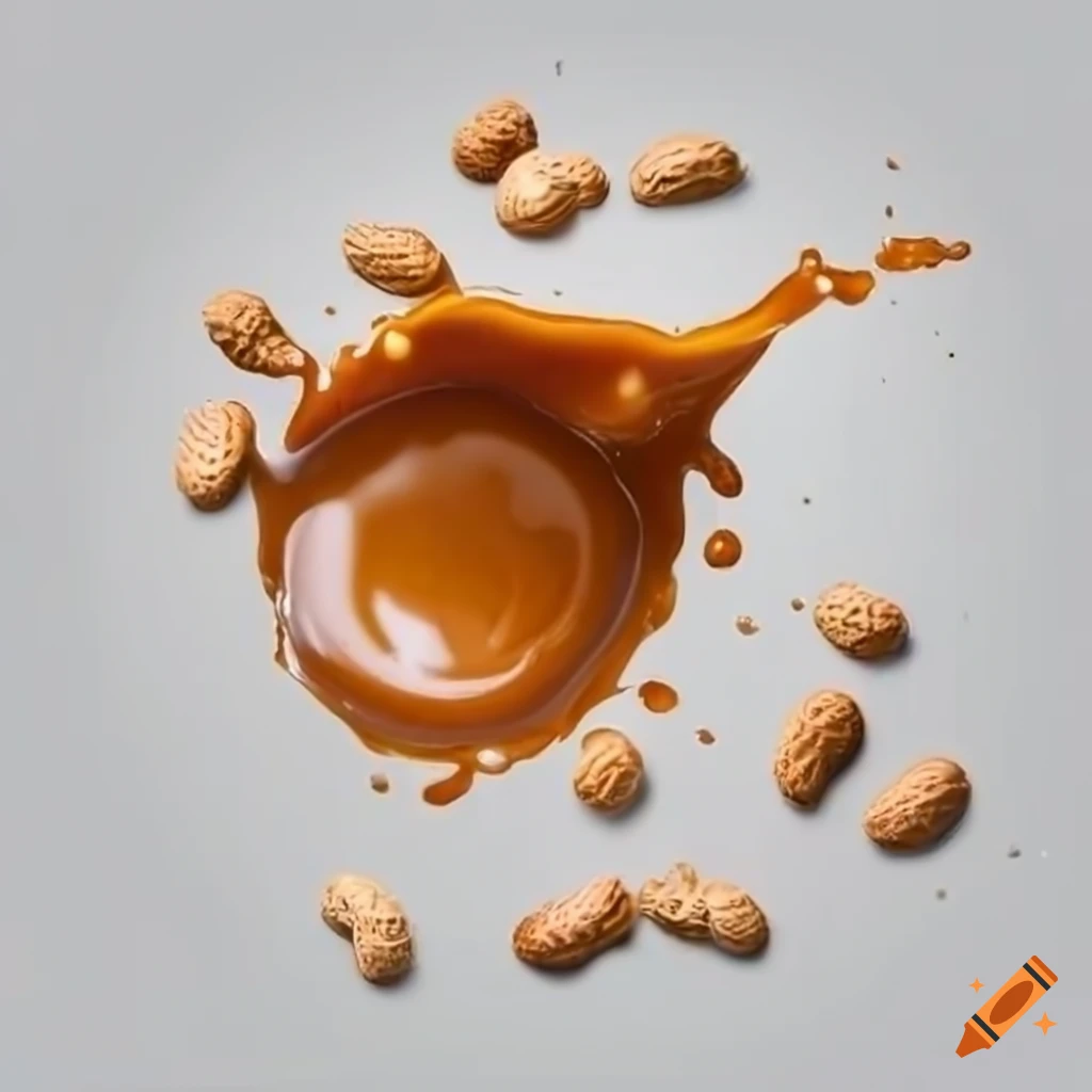Caramel and peanuts splash with a top view on white background