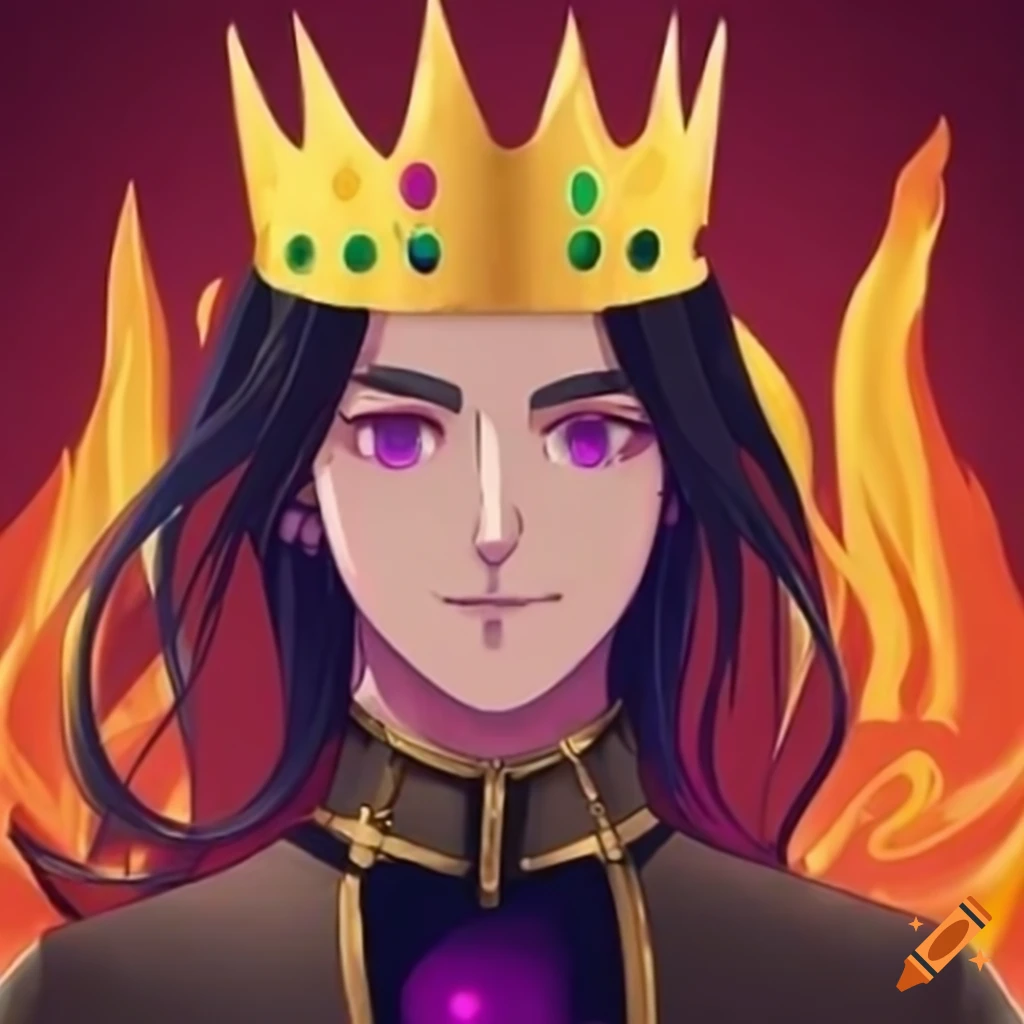 Young king with long black hair and purple eyes sitting on a golden ...