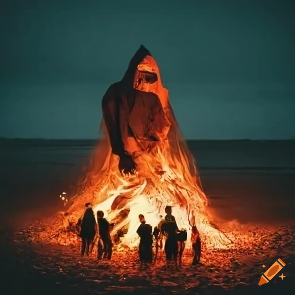 Group of people in raincoats around a bonfire on the beach