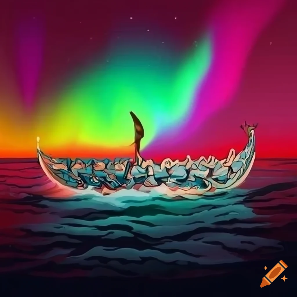 Viking boat on stormy ocean with abstract red aurora borealis