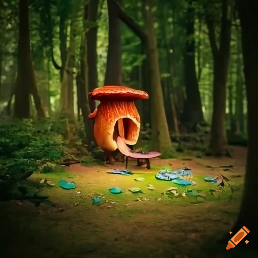 Whimsical forest playground with colorful mushrooms and friendly wildlife