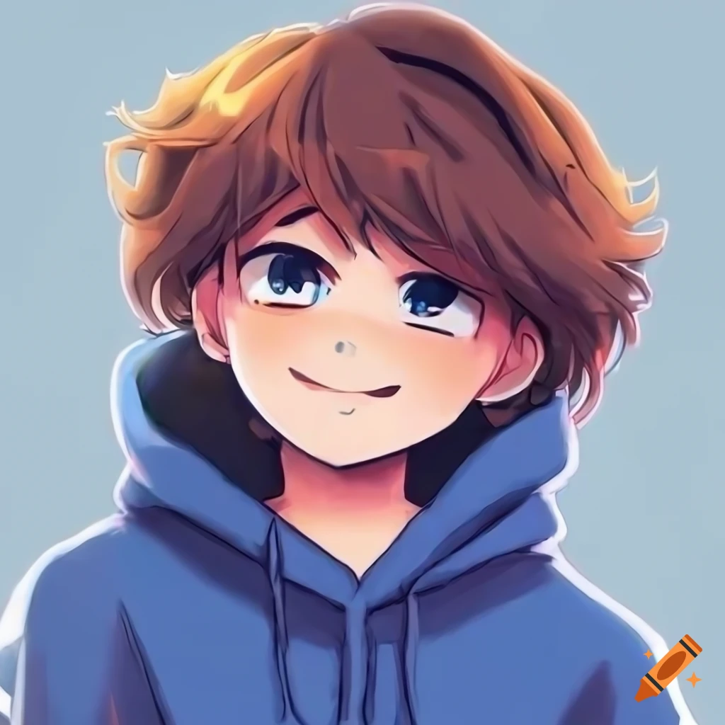 Cartoony anime digital art of a boy with brown hair and a blue hoodie ...