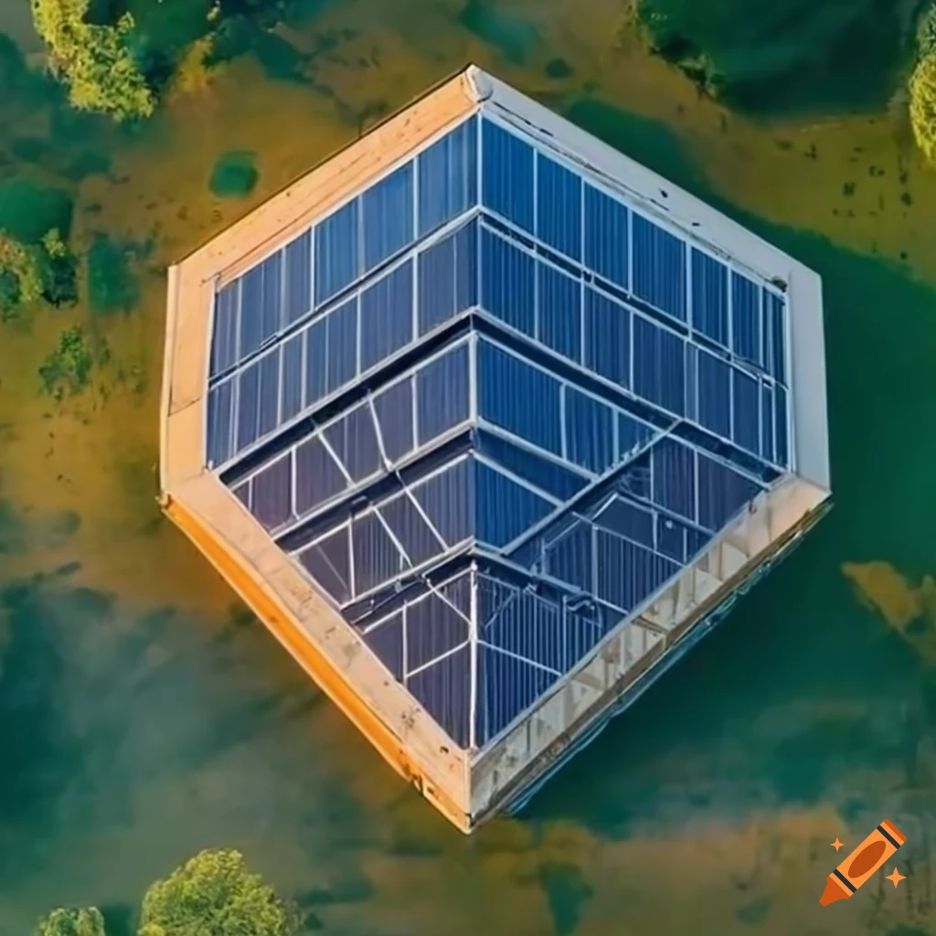 Solar powered pentagon-shaped house made from shipping containers in aerial view