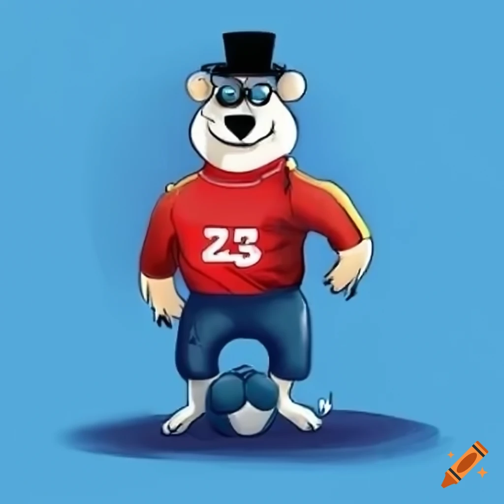 Full body polar bear with glasses, black hat, and red soccer team shirt in Hanna-Barbera style