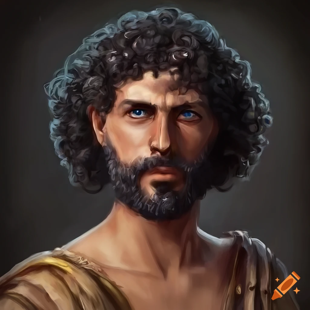 Hyperrealistic portrait of an ancient Hellenic man with black curly hairstyle, short beard, and blue eyes in Hellenic clothing and armor style