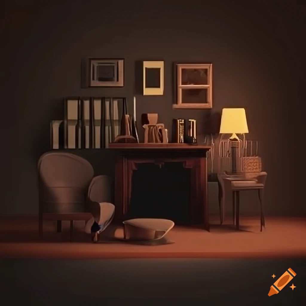 Isometric illustration of a dark academia style sitting room