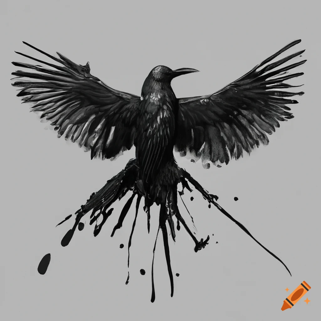 Flying crow made of black ink splatter