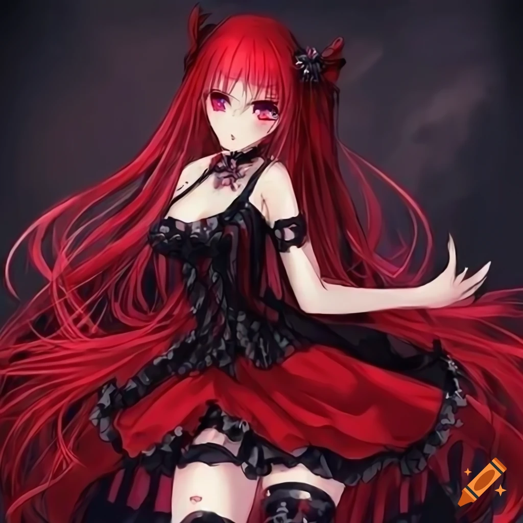 Gothic anime girl with braided hair in a red dress