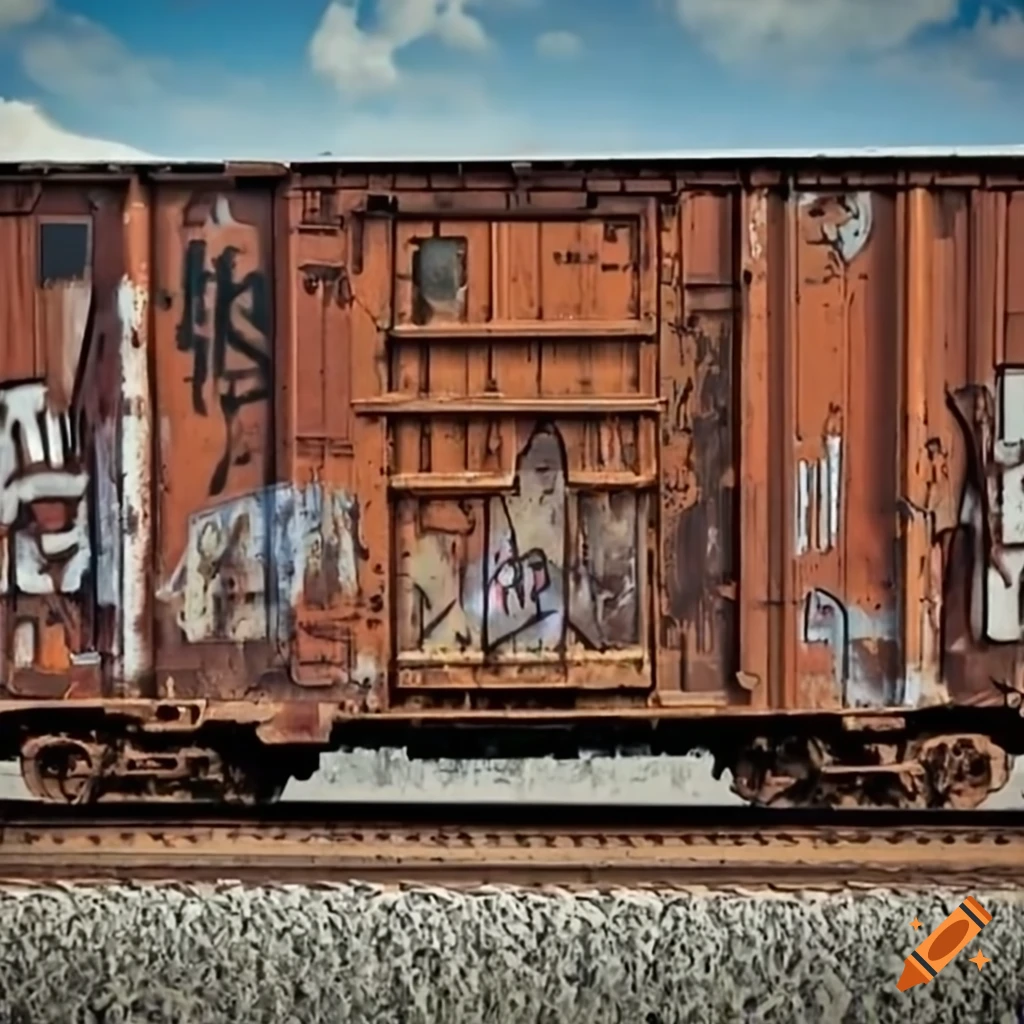 Boxcar train with graffiti and rust from the side on Craiyon