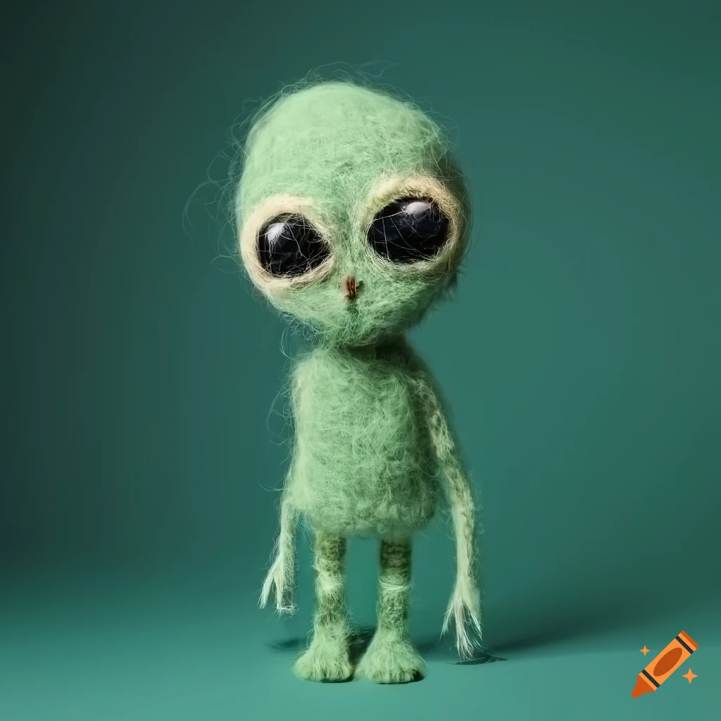 Felted wool alien wearing stylish clothing and gold chain on dark green ...