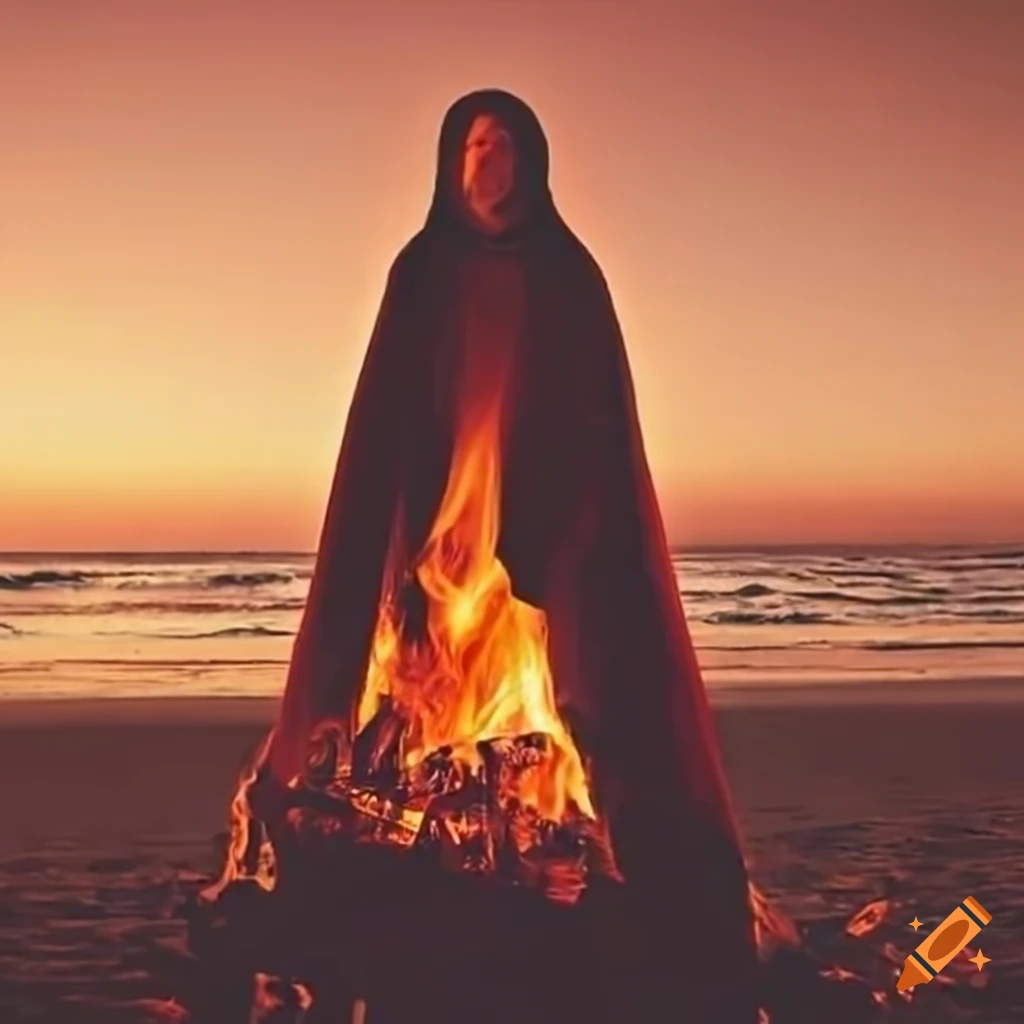 A group of people in capes around a bonfire on the beach