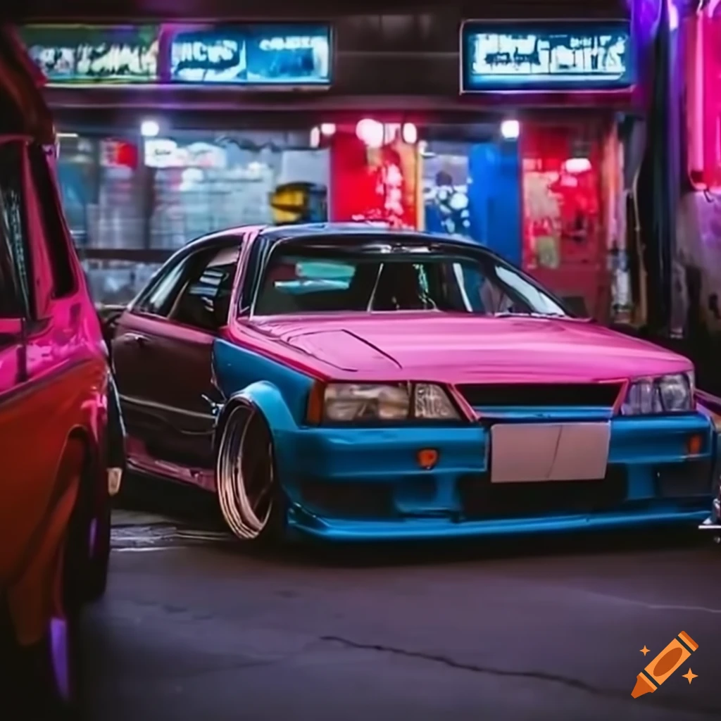 Colorful group of modified cars cruising in the streets on Craiyon