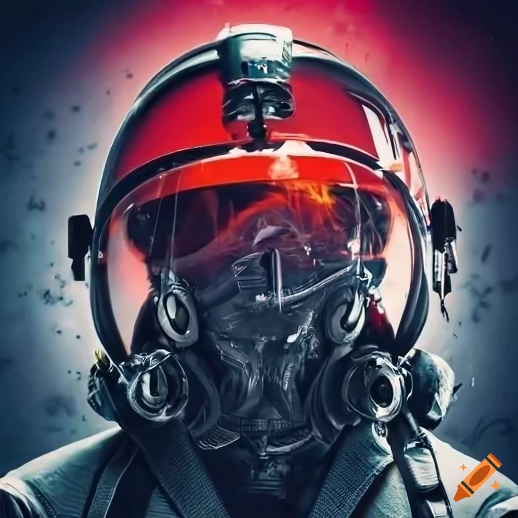 Helicopter pilot in black flight suit and red helmet with fire reflection