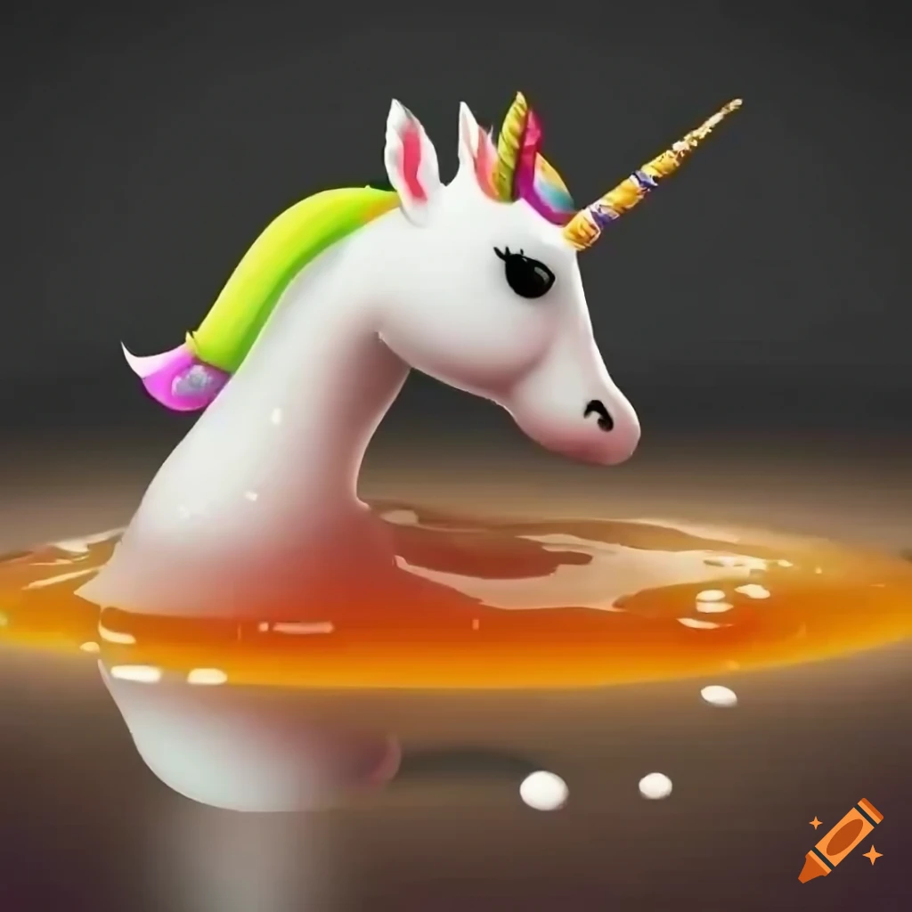 Colorful white unicorn wading through sticky honey puddle