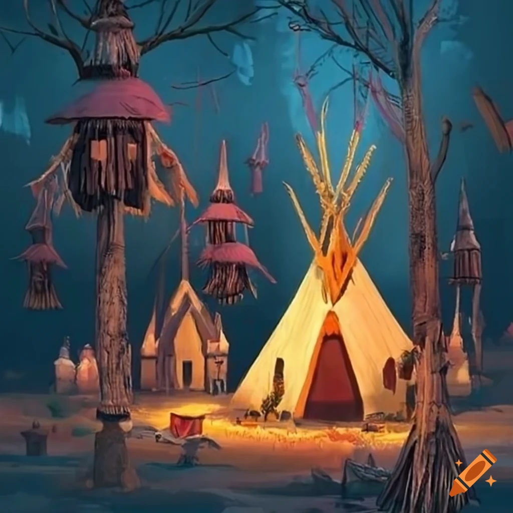 Indian village with teepee and totem