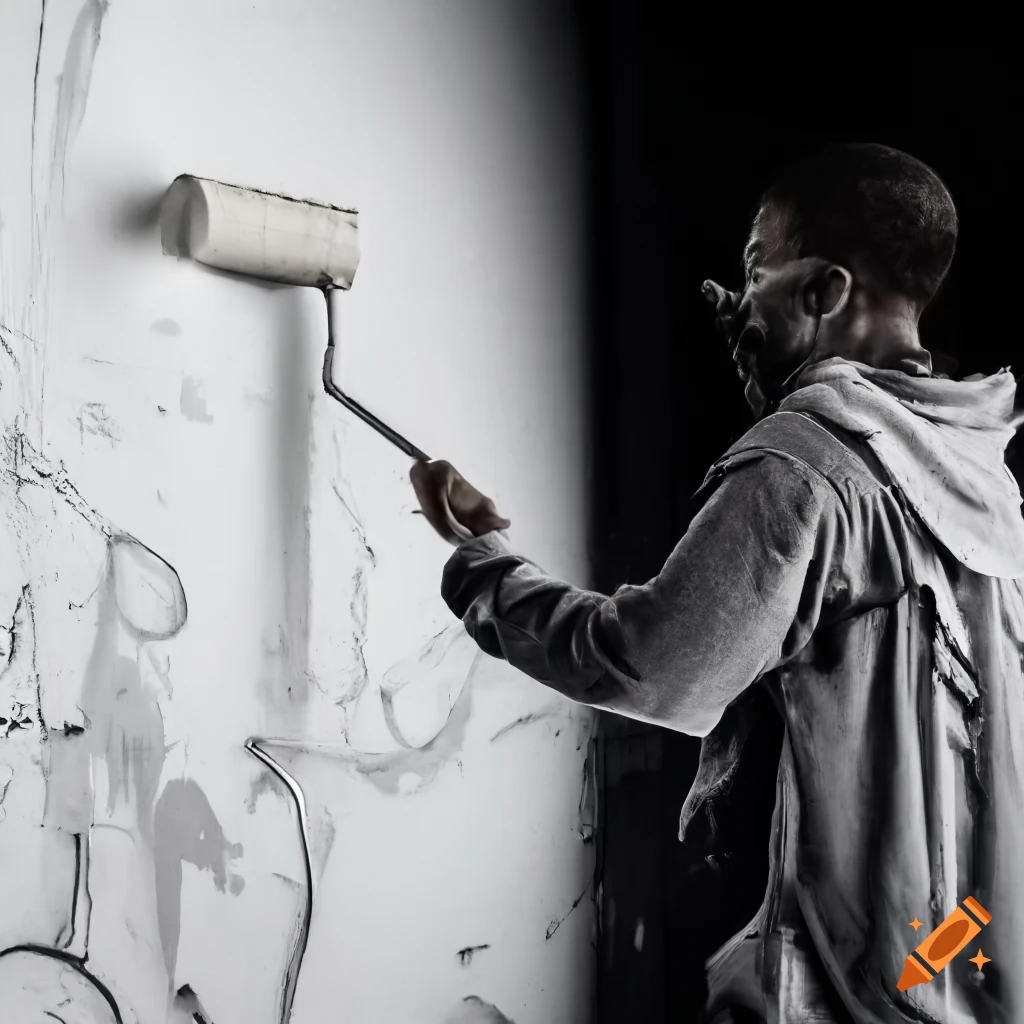 Person painting over graffiti on a city wall with a large roller on Craiyon