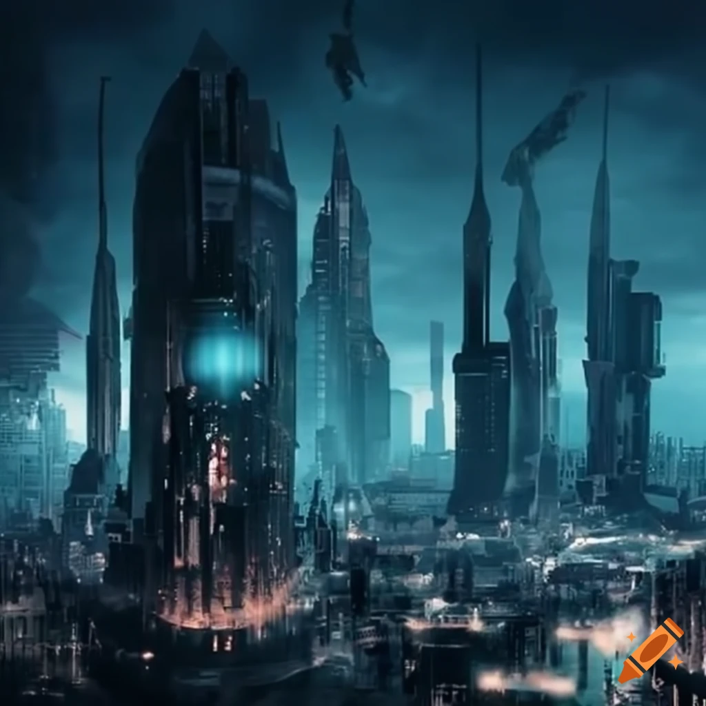 Futuristic city in chaos with humanity, technology, and diseases on Craiyon