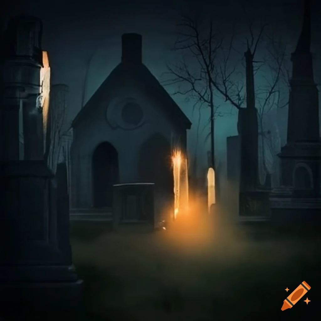 Ghosts in a cemetery at night