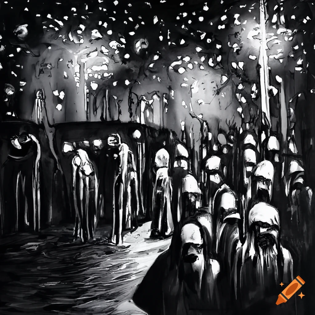 Black and white ink comic depicting a night riot in Paris on Craiyon