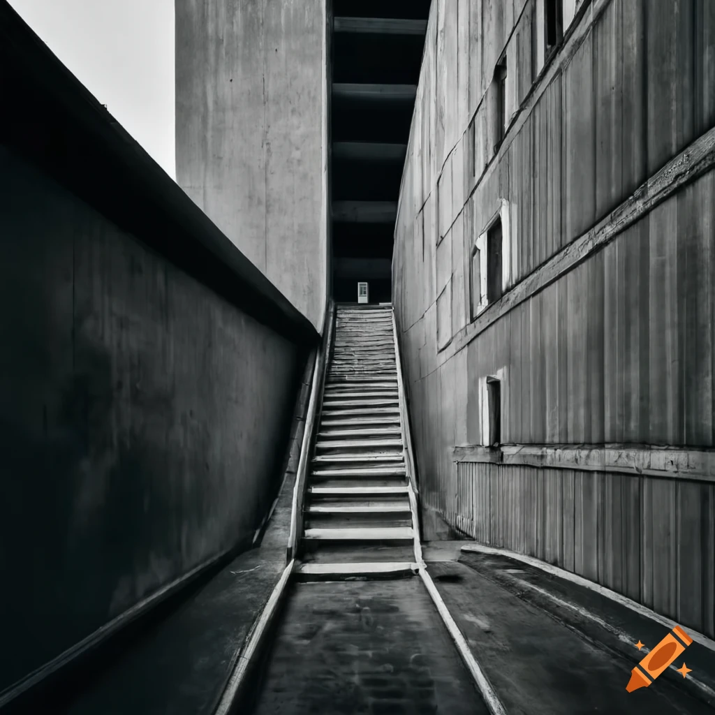 Concrete walkway through a detailed brutalist housing estate under a stormy sky