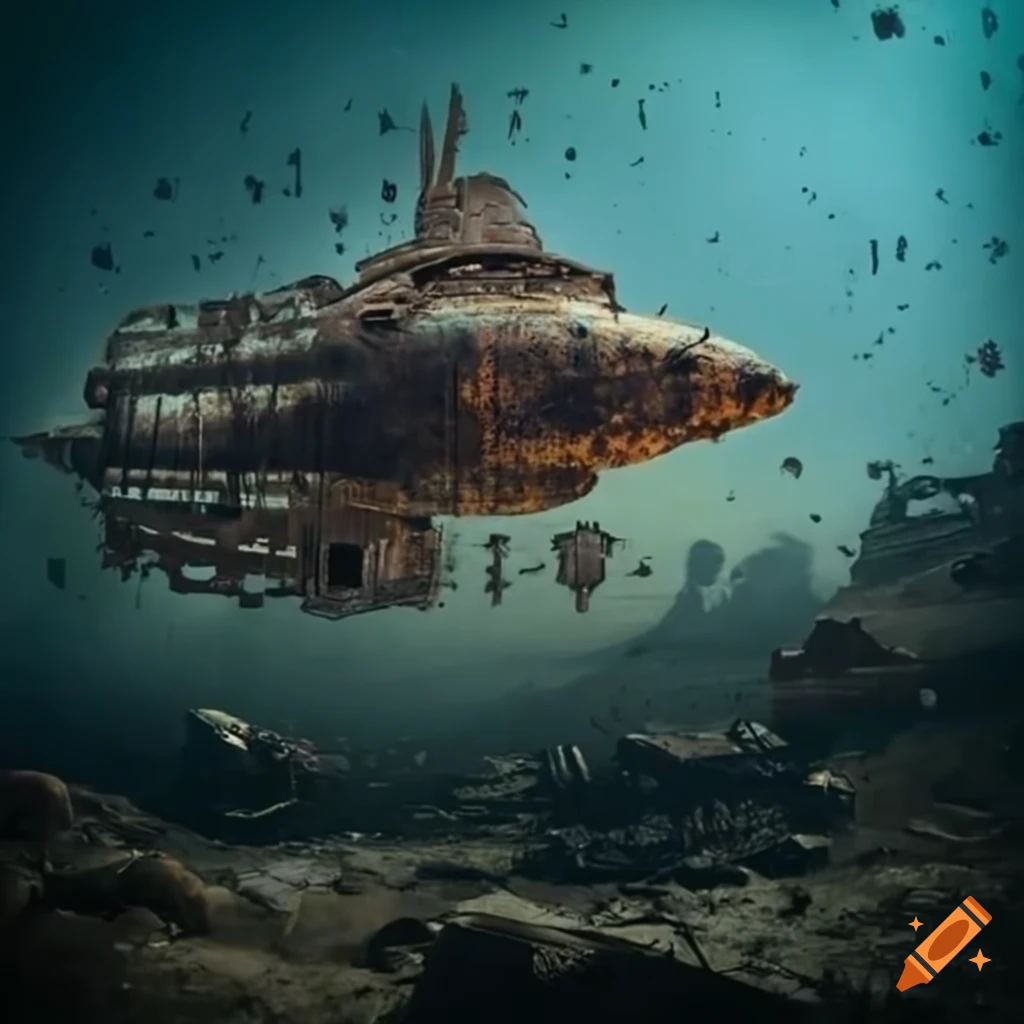 Vintage space ship in the rusty ruins of an abandoned earth on Craiyon