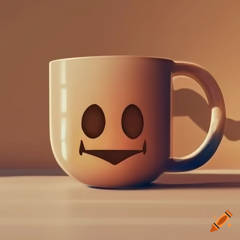 Hot coffee mug with angry smiley on wooden kitchen table near sunlight