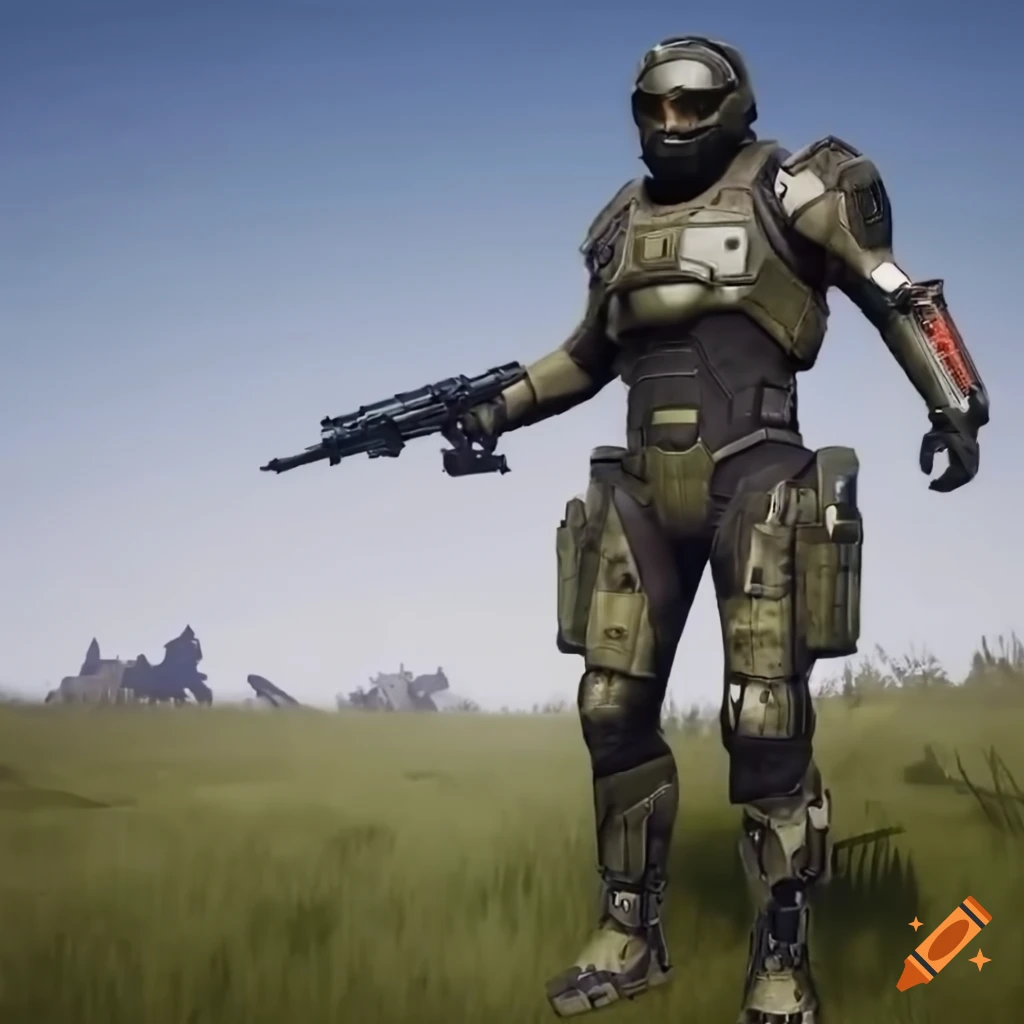 American sci-fi soldier with weapon and armor on grass with helicopter, US flag, and blue sky