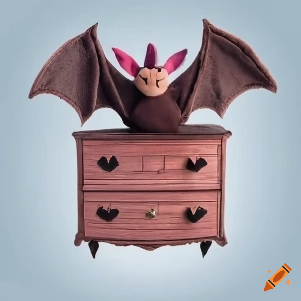 Plushie bat on top of a chest of drawers