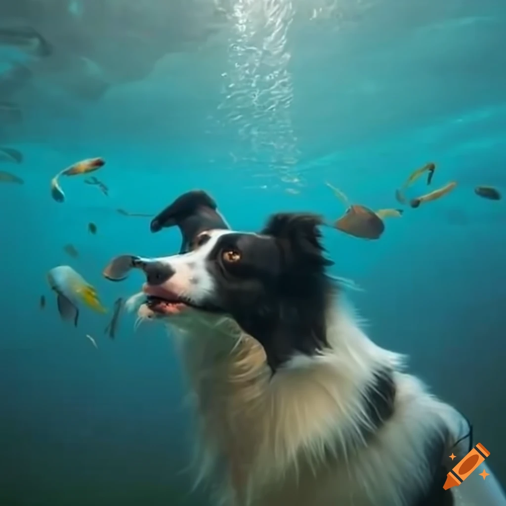 Border collie swimming underwater near seaweed to investigate a fish on ...