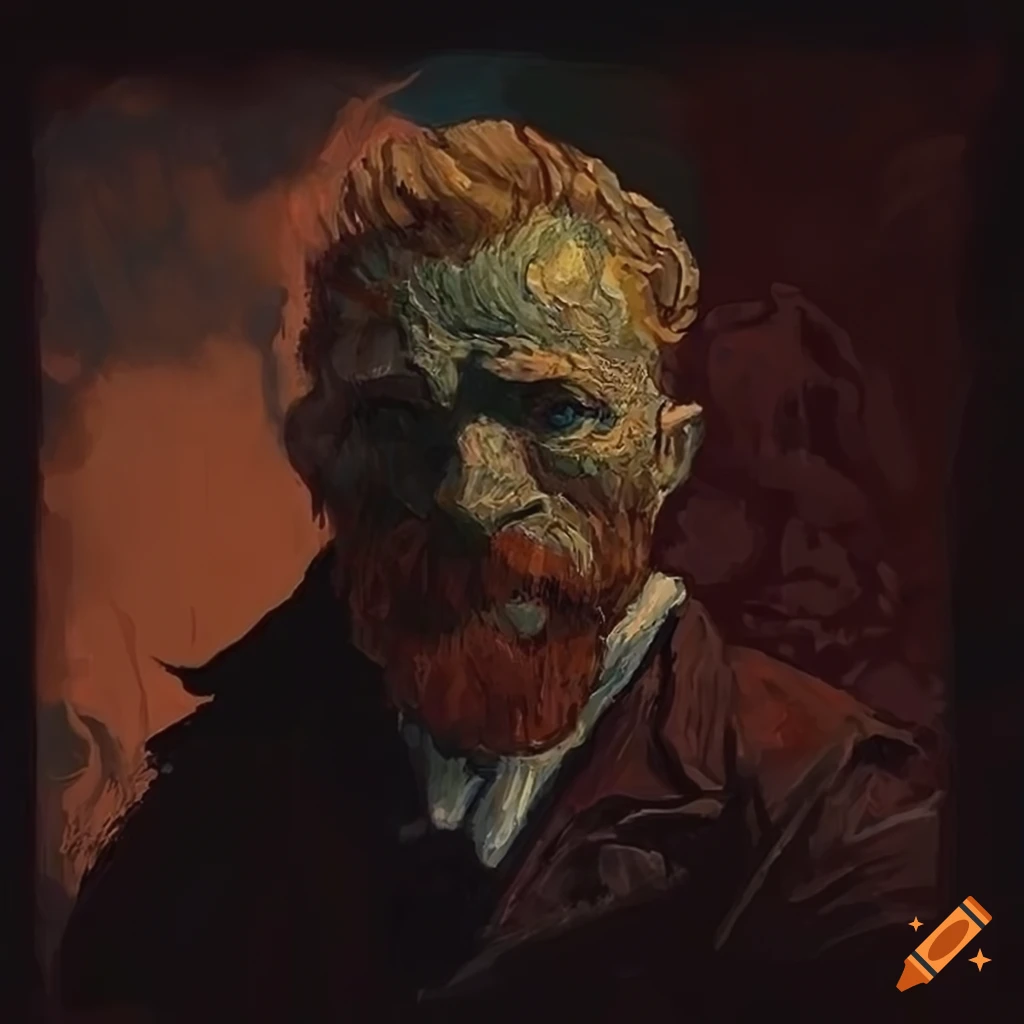 Dark academia scene with nature elements, roses, and medieval weapons in Vincent van Gogh style