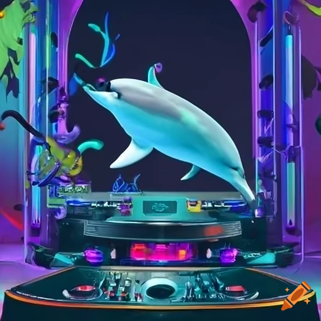 Energetic dolphin DJ at a coral reef-themed booth