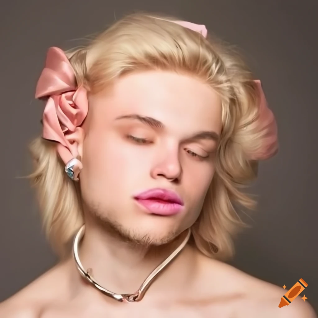 Portrait of a man with modern lolita hairstyle and big pink bow