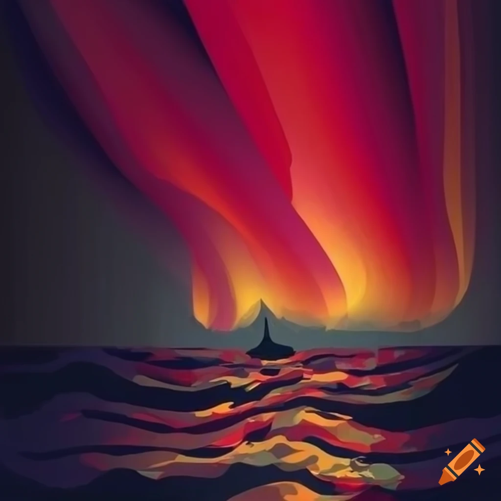 Viking boat on stormy ocean with abstract aurora borealis in red