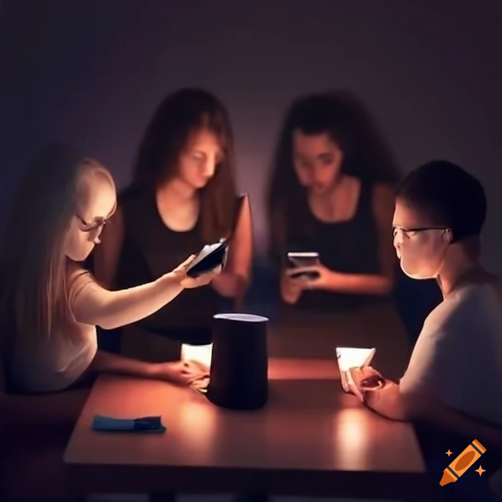 Group of young people at a table looking at their phones