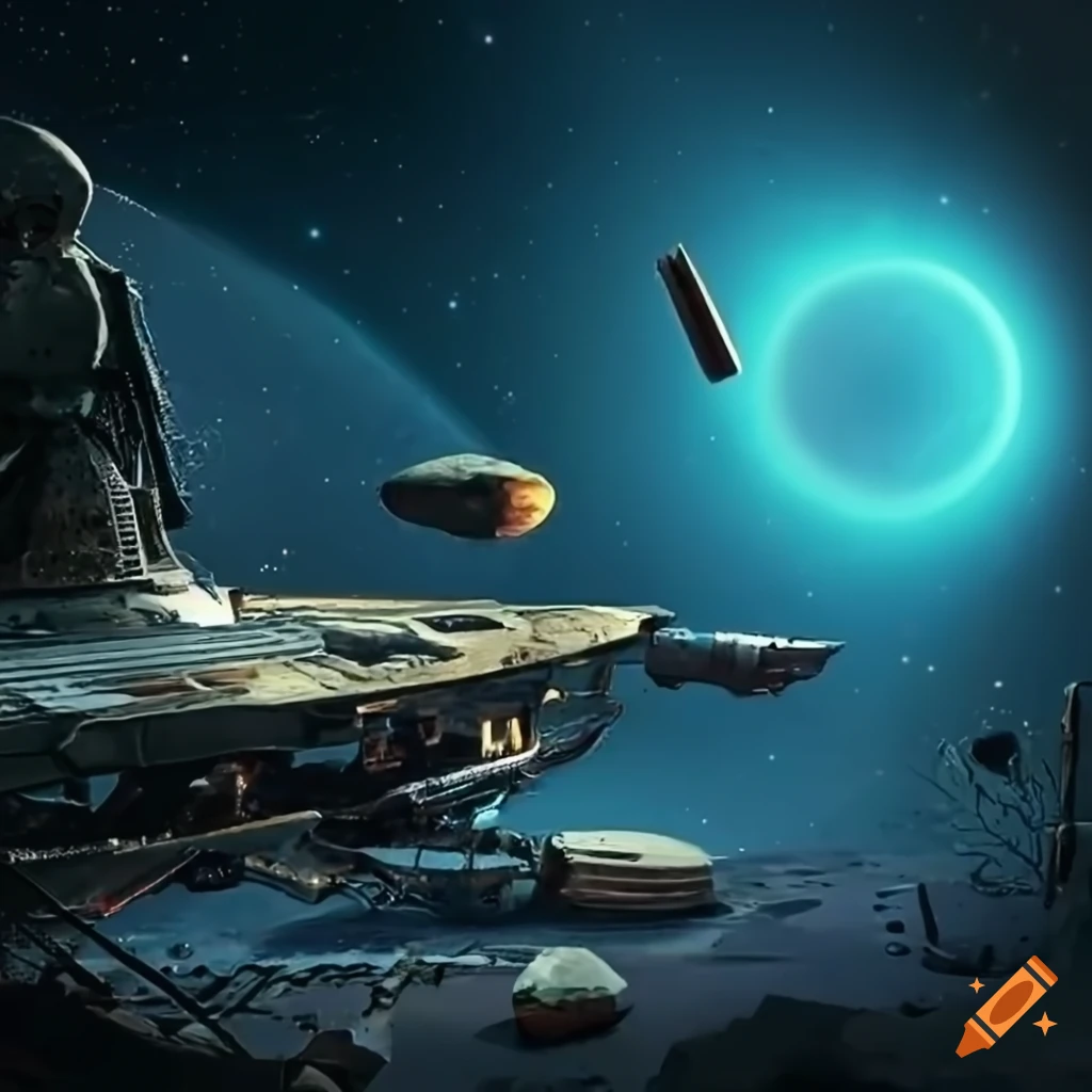 Surrealist alien machines and spaceship in the cosmos