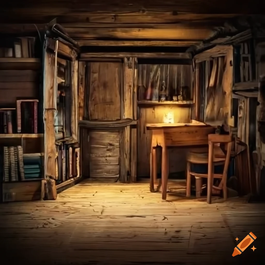 Old magical wooden hut interior with empty table, chairs, and shelves
