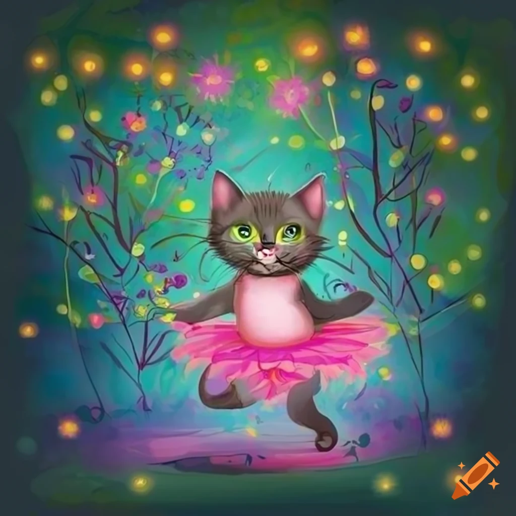 Gray kitten in pink tutu dancing in whimsical forest with neon flowers